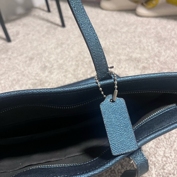 Coach Blue Pebbled Leather Tote Shoulder Bag Silver Logo Classic Everyday Purse - Picture 14 of 14